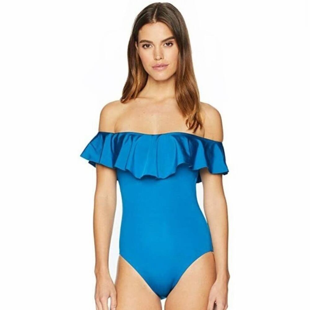 Trina Turk Blue Getaway Solids Off the Shoulder Swimsuit NEW